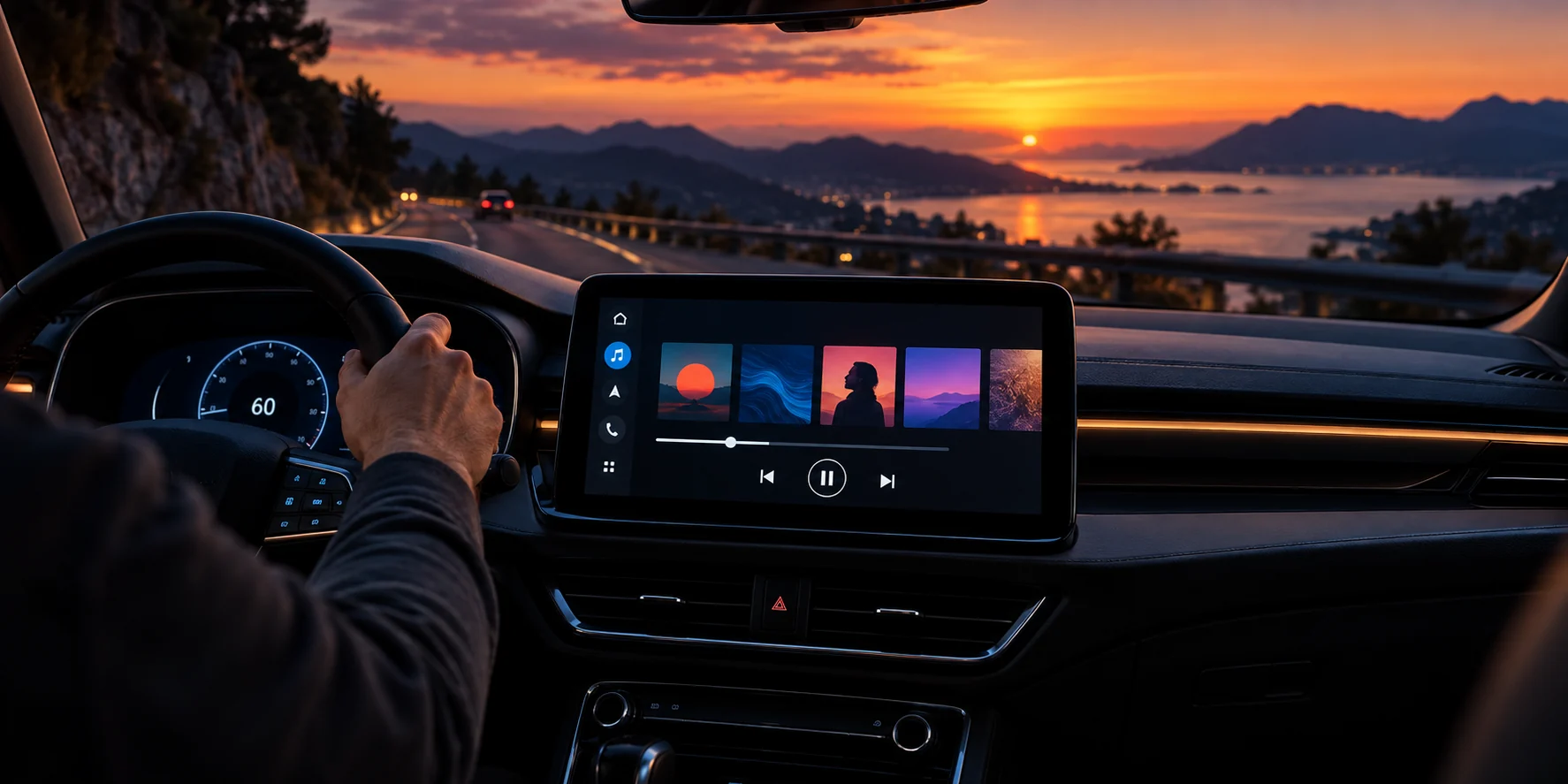 Music player on a car display during an evening drive