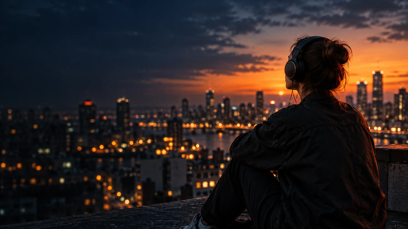 Listener enjoying music above the city at sunset
